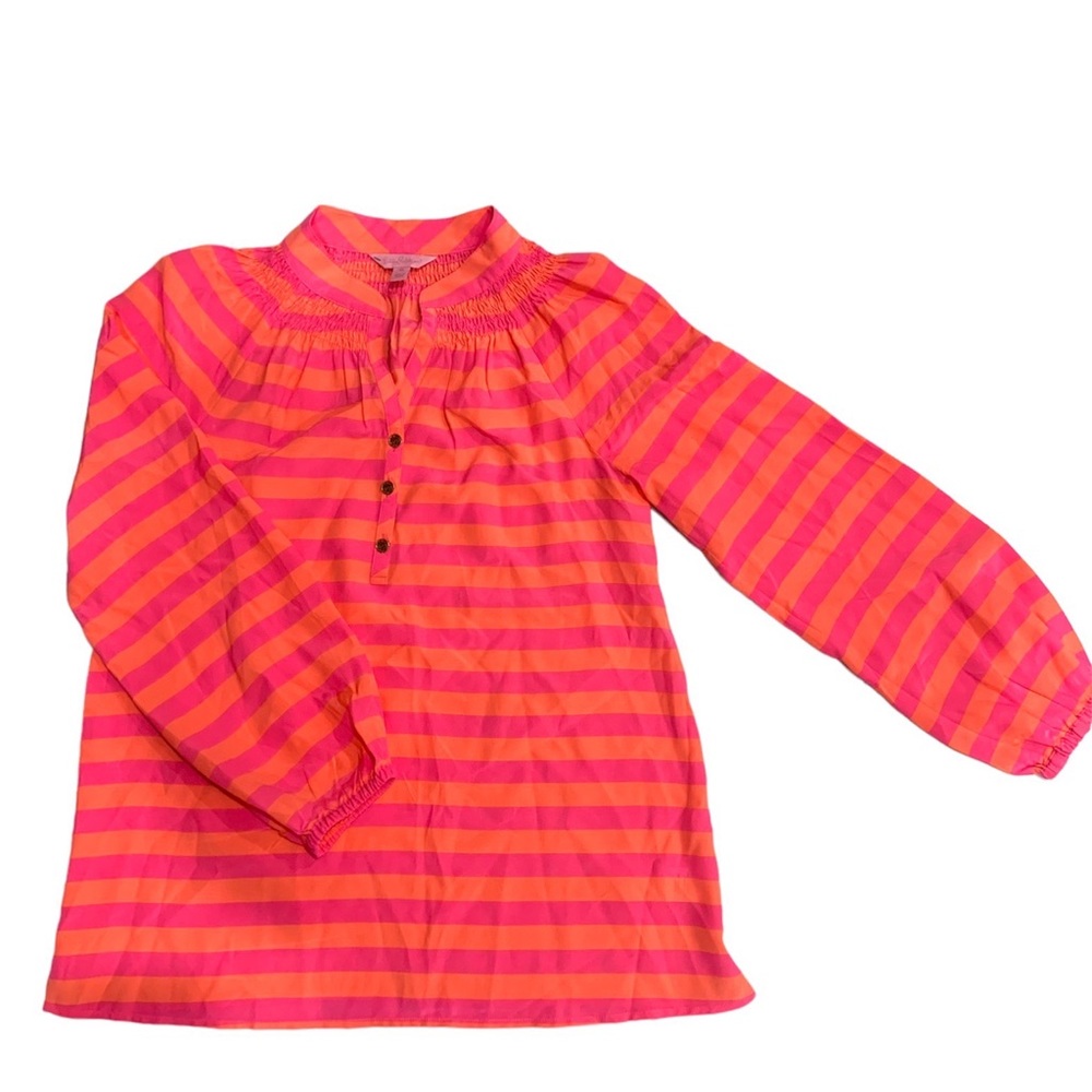 Lilly Pulitzer Elsa Hot Pink Orange Silk Smocked Long Sleeve Shirt XS Extra Smal